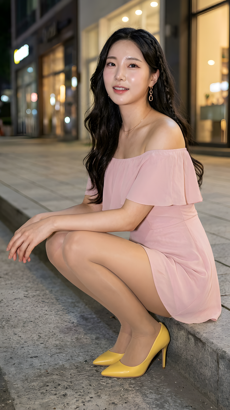 Woman in a pink off-shoulder dress and yellow heels crouching on a city street at night