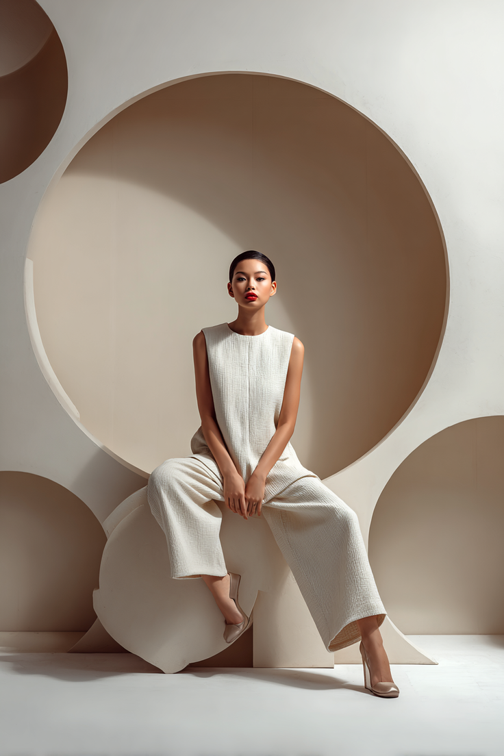 Woman in a white jumpsuit with red lipstick sitting on a geometric background