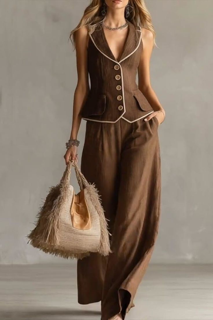 Woman in a brown sleeveless suit and wide-leg pants holding a fringed bag
