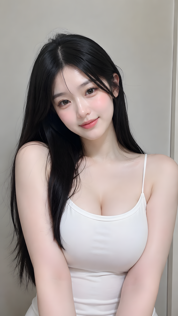 Woman with long black hair wearing a white tank top with soft lighting