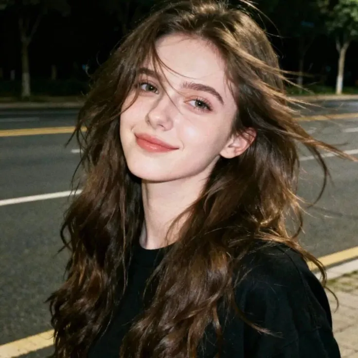 Young woman with long dark hair smiling outdoors at night