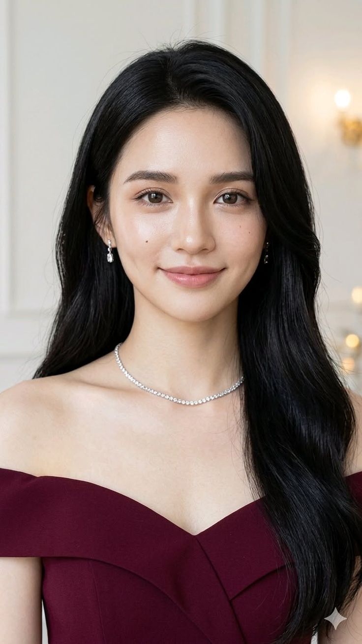 Woman with long black hair wearing an off-shoulder dress and jewelry indoors