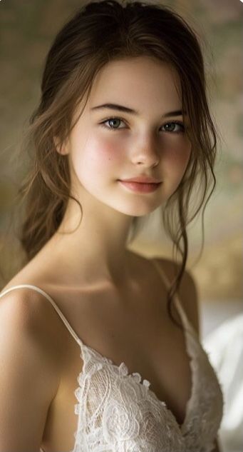 Young woman with long brown hair wearing a white lace top