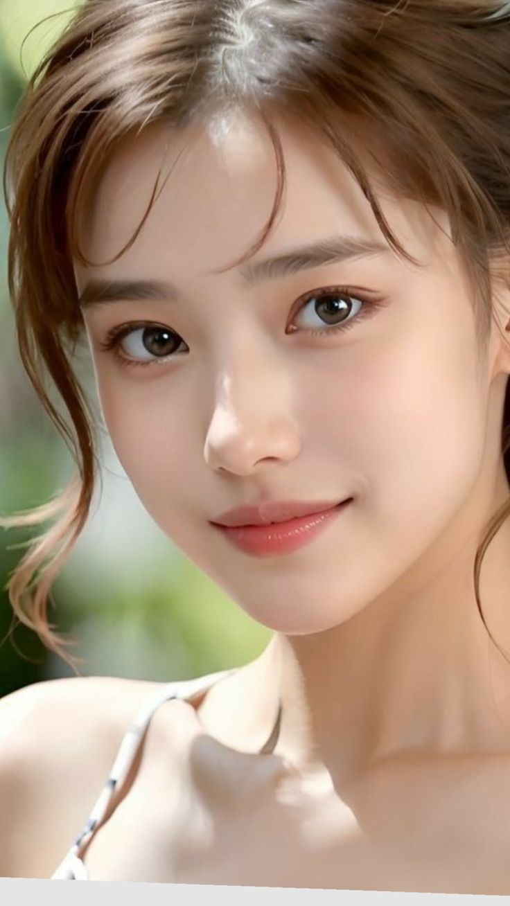 Realistic portrait of a woman with brown hair and soft lighting outdoors