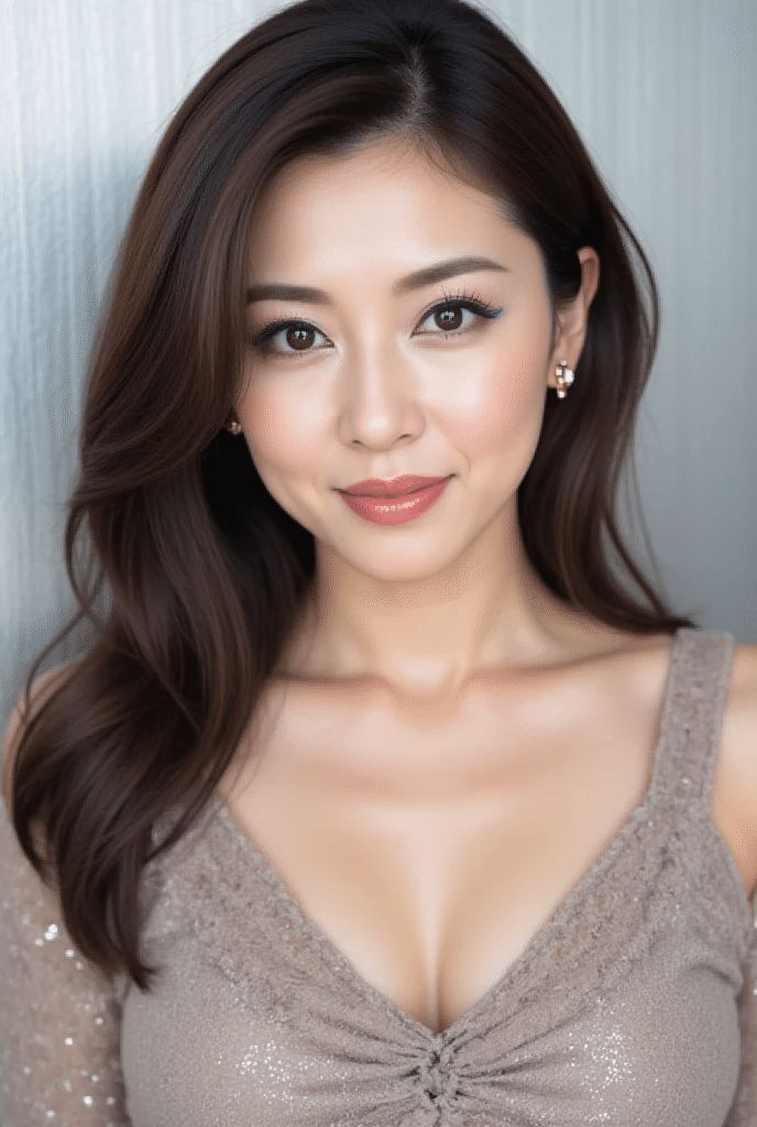 Woman with long brown hair wearing a sparkly top with cleavage