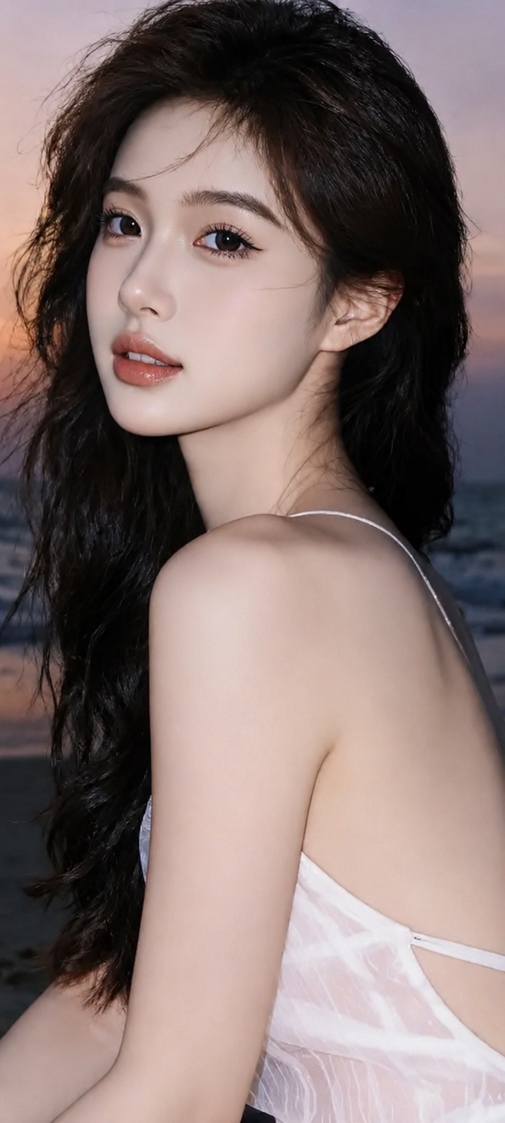 Woman with long dark hair in a white dress at sunset