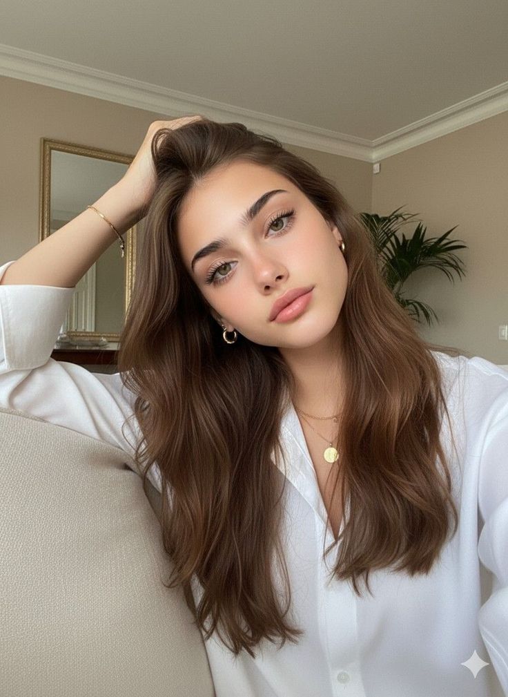 Woman with long brown hair wearing a white shirt and gold jewelry indoors