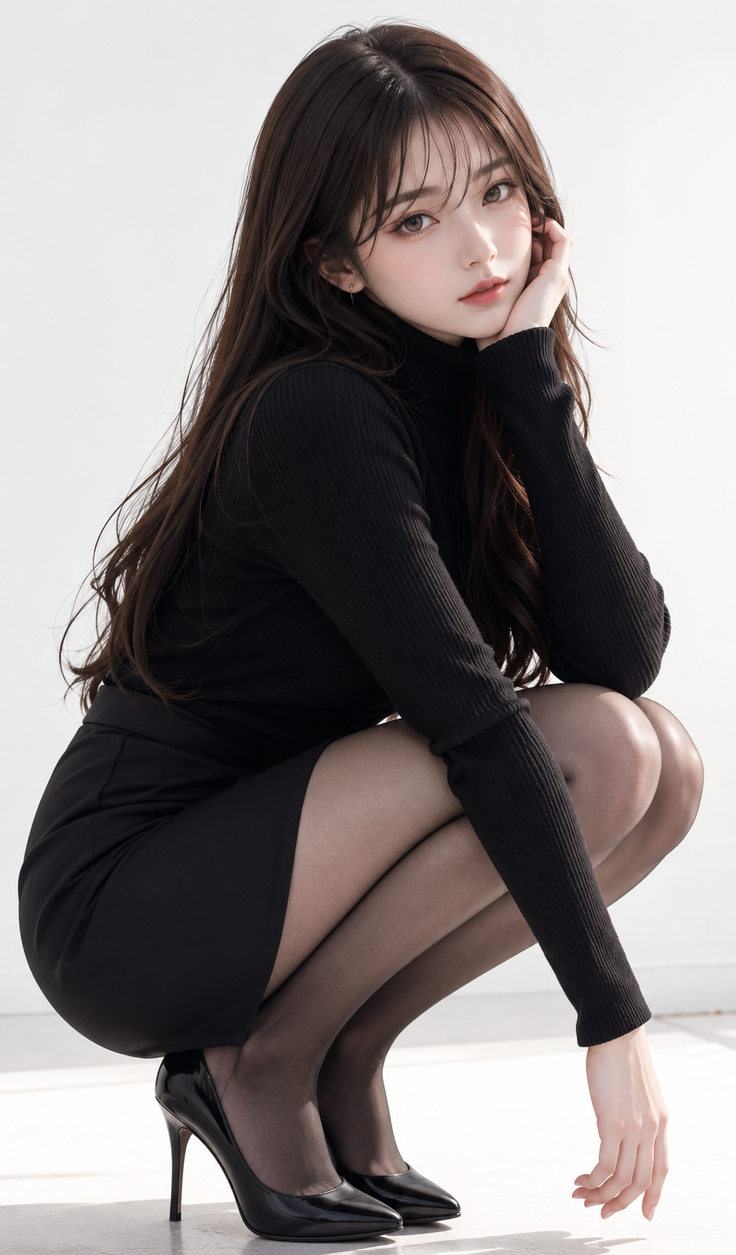 Woman with long dark hair wearing a black turtleneck and skirt, squatting indoors