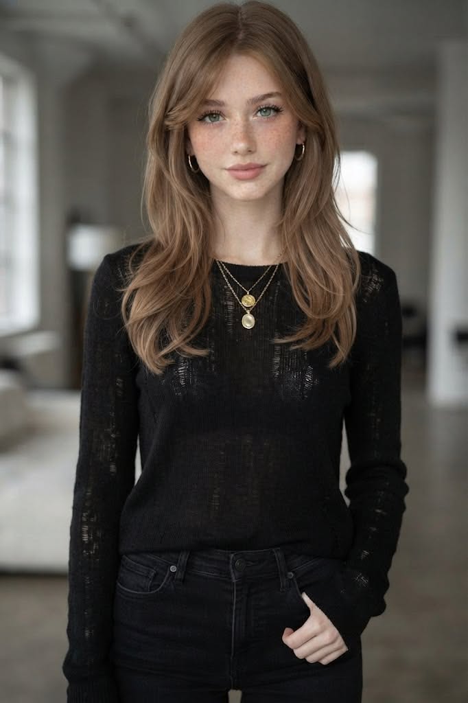 Woman with long hair and freckles wearing a black sheer top and layered necklaces