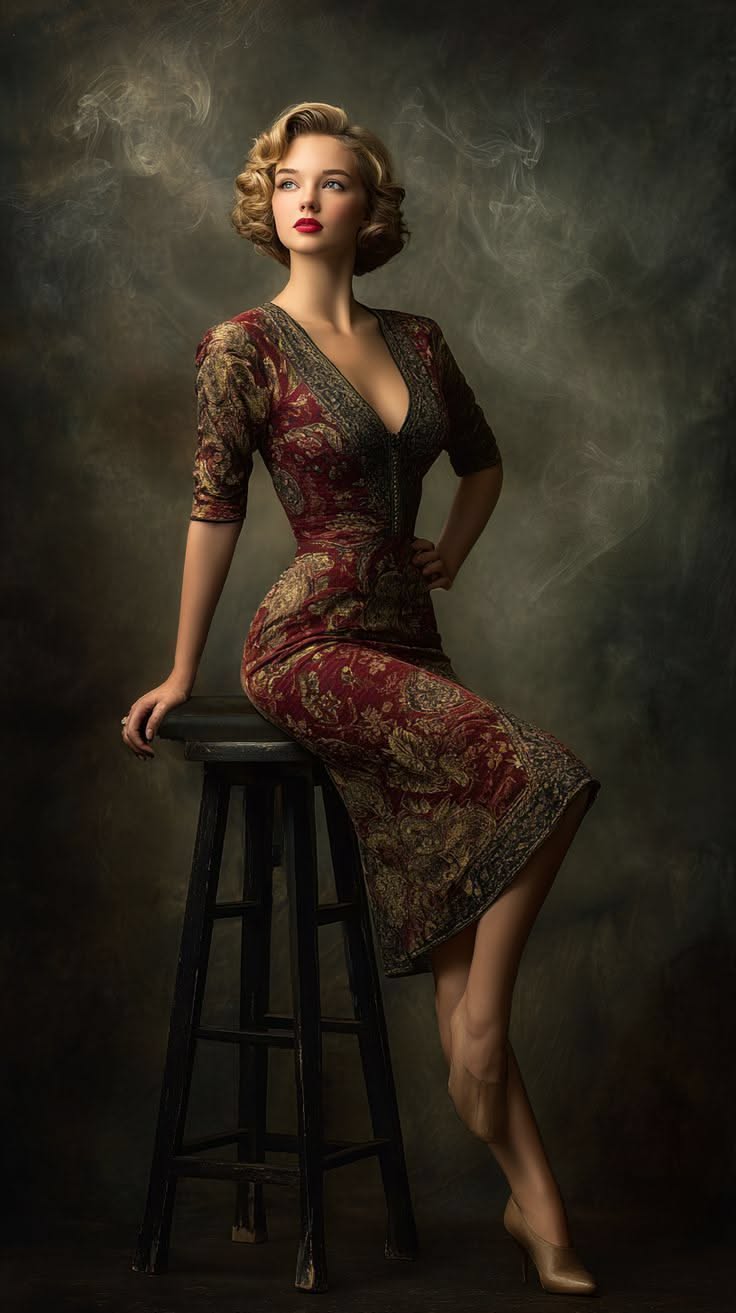 Woman in a vintage red dress with blonde curly hair sitting on a stool