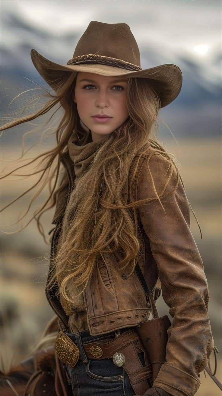 Woman in a cowboy hat and brown jacket with long flowing hair outdoors