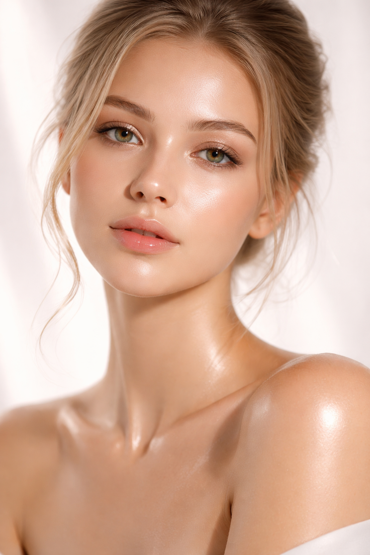 Woman with blonde hair and glowing skin in a soft lighting portrait