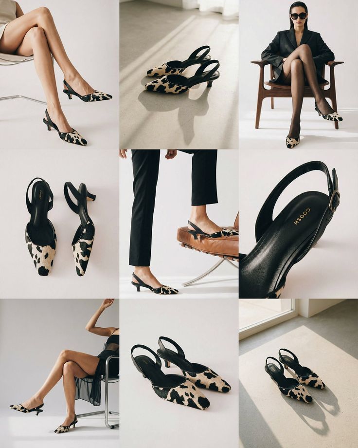 Collage of cow print kitten heel slingback shoes in various poses and close-ups