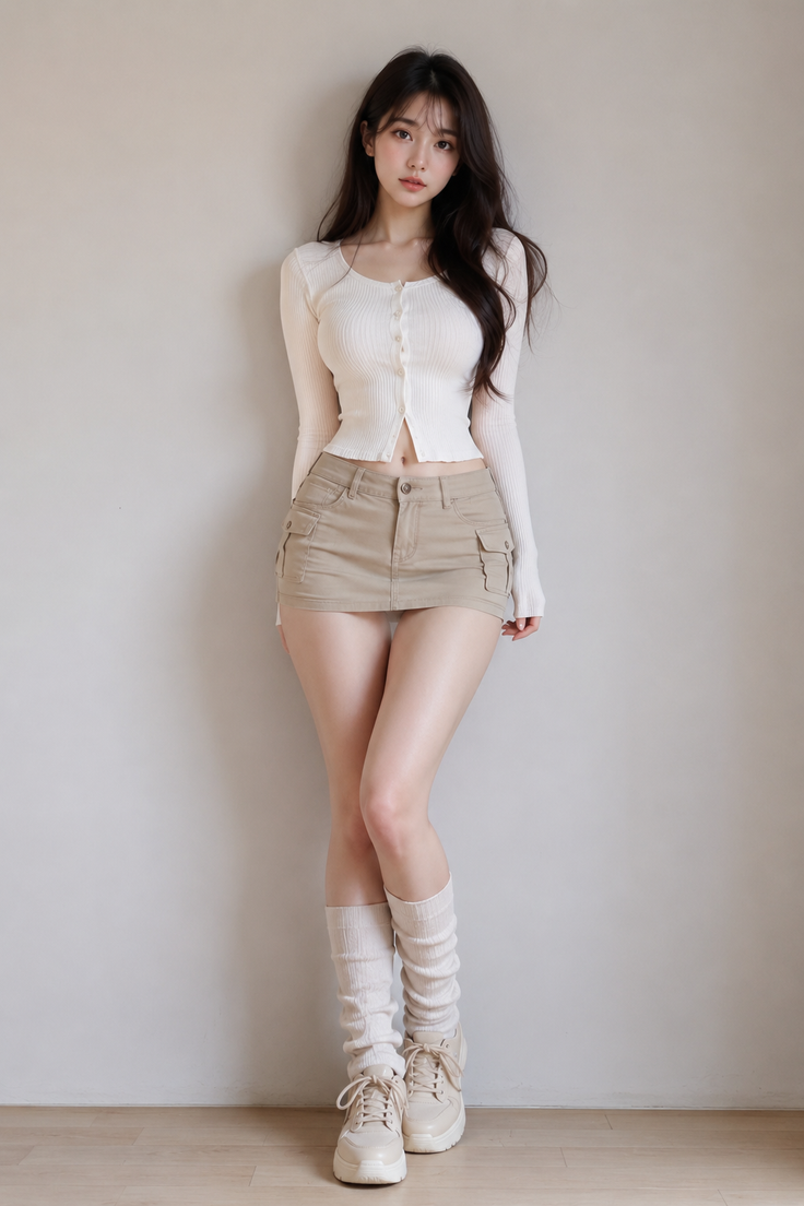 Woman in a cropped cardigan and mini skirt with leg warmers indoors