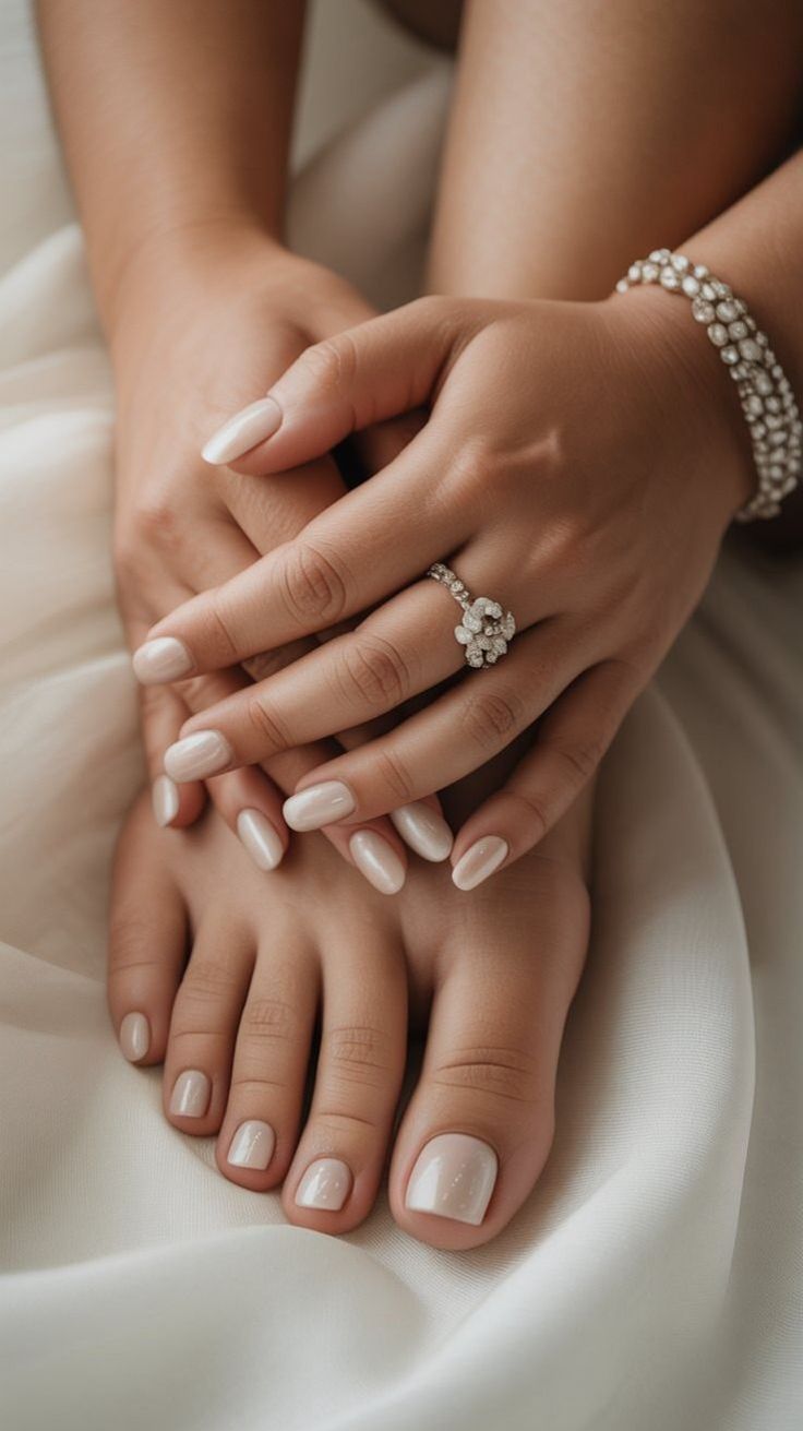 Manicured hands and pedicured feet with an engagement ring and diamond bracelet