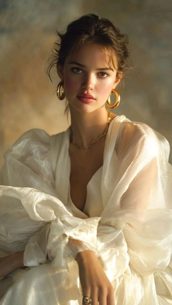Woman in a white dress with gold jewelry and soft lighting