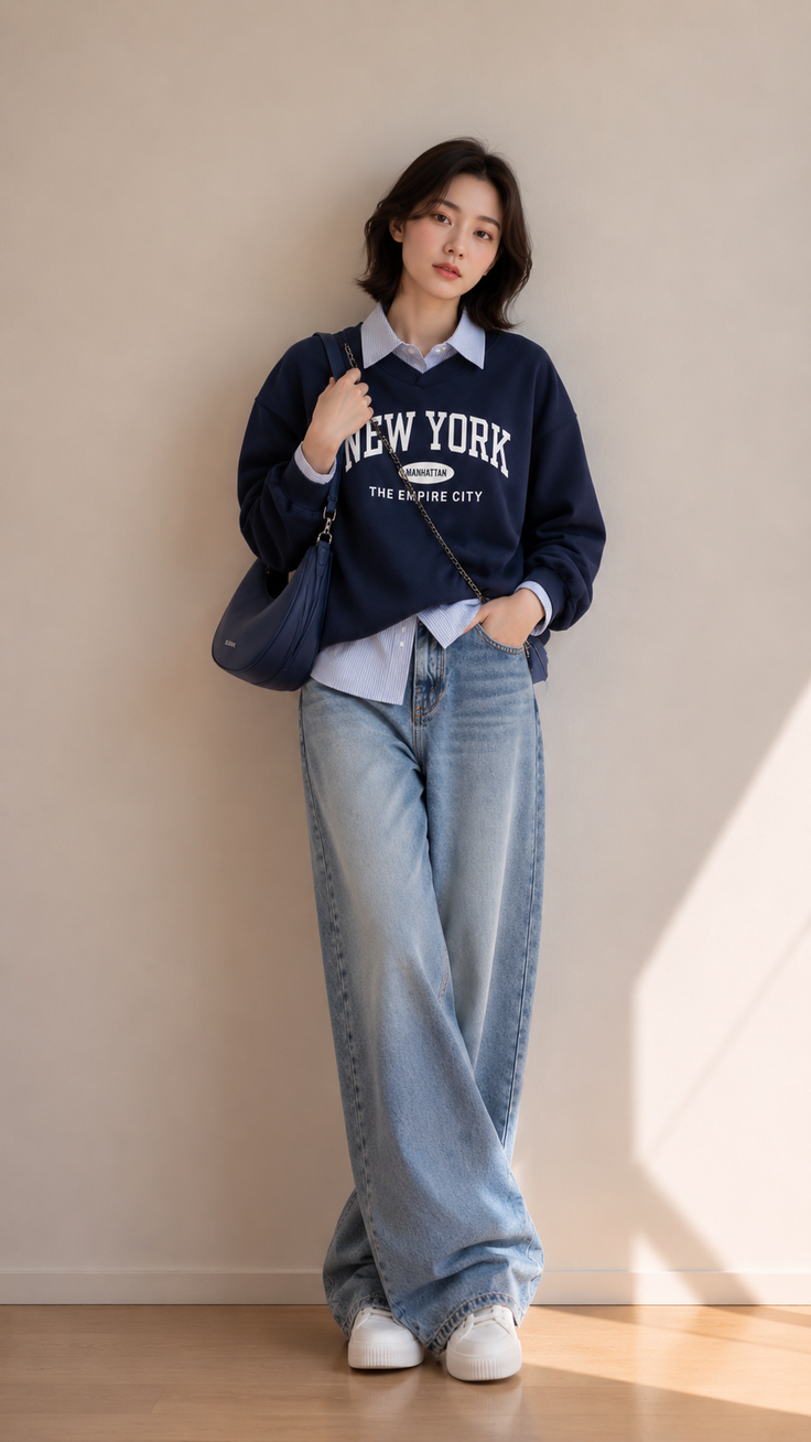 Woman in a navy sweatshirt and wide leg jeans leaning against a wall