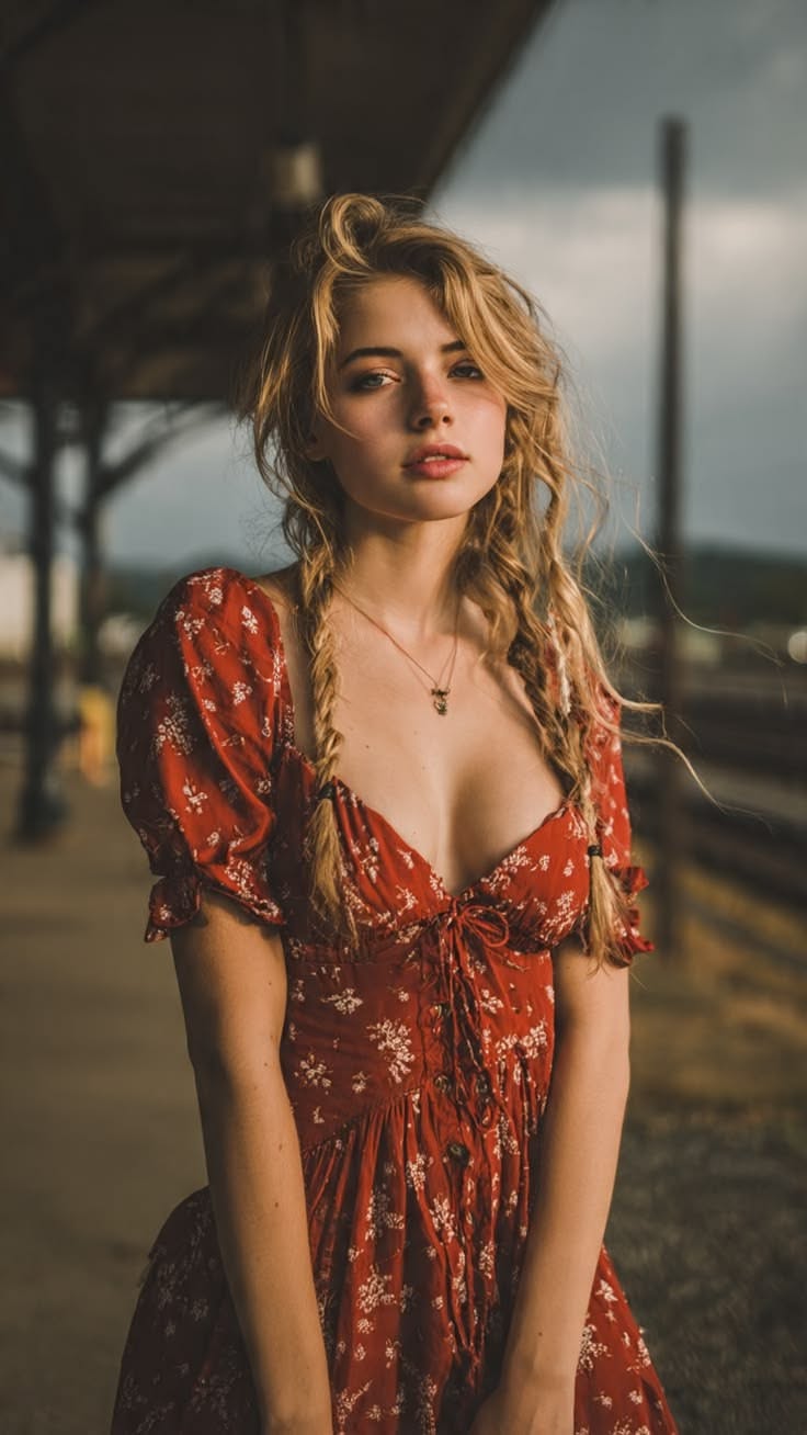 Woman with blonde braids in a red floral dress outdoors