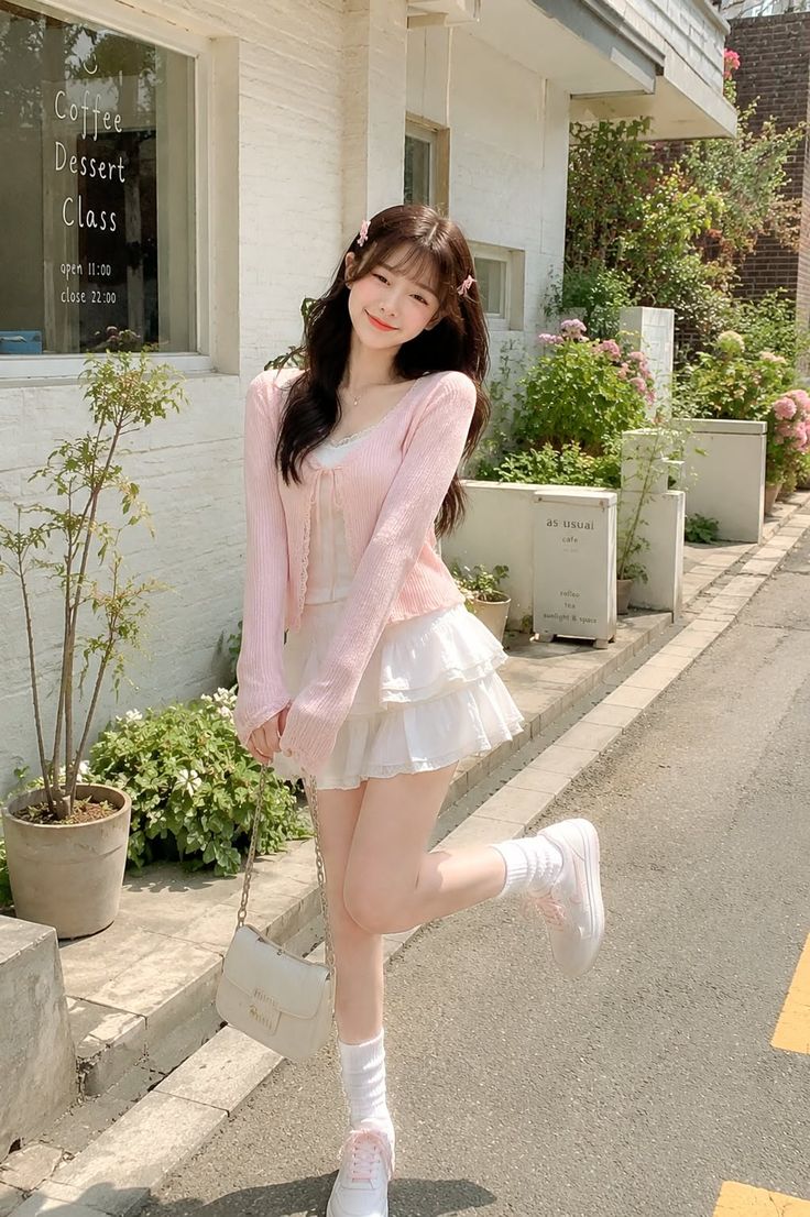 Woman in a pink cardigan and white skirt posing on a sunny street
