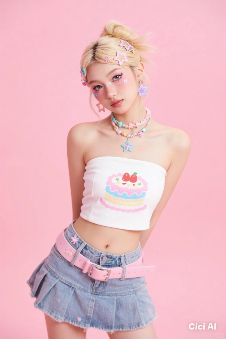 Woman with blonde hair and star accessories wearing a tube top and denim skirt