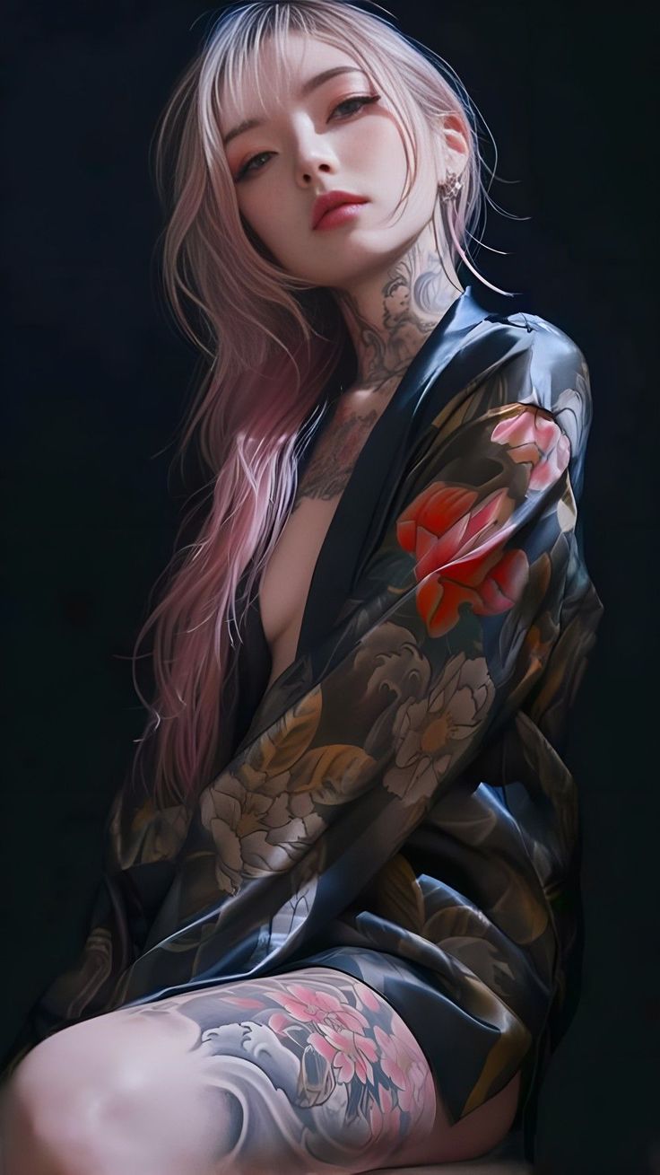 Woman with long pink hair and full body tattoos wearing a kimono