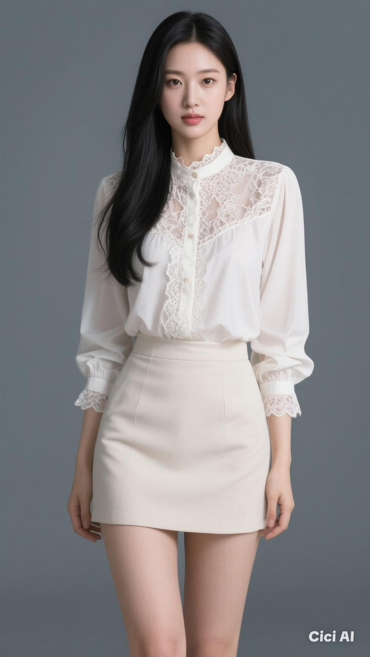 Woman with long black hair wearing a white lace blouse and mini skirt