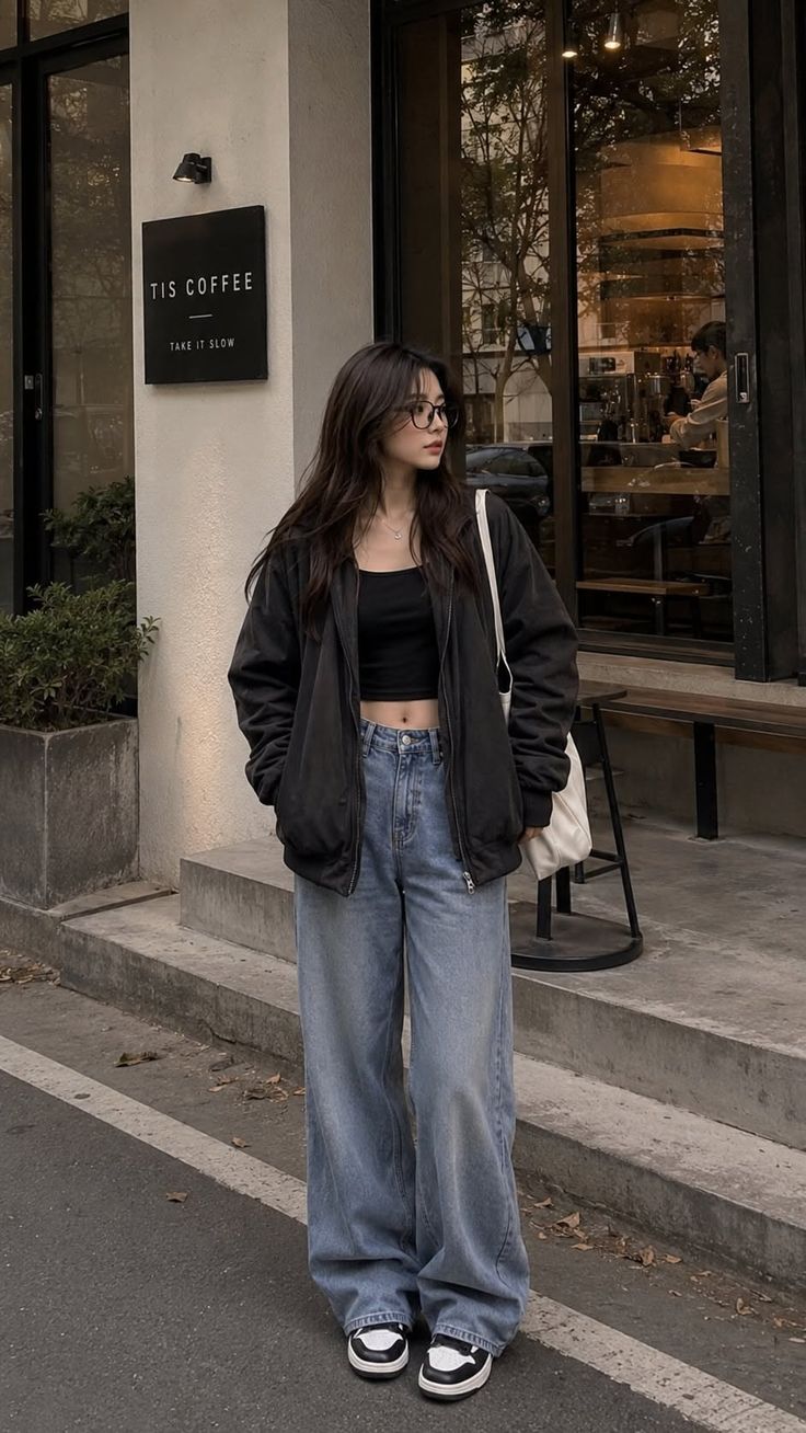 Woman in a black crop top and loose jeans standing outside a coffee shop