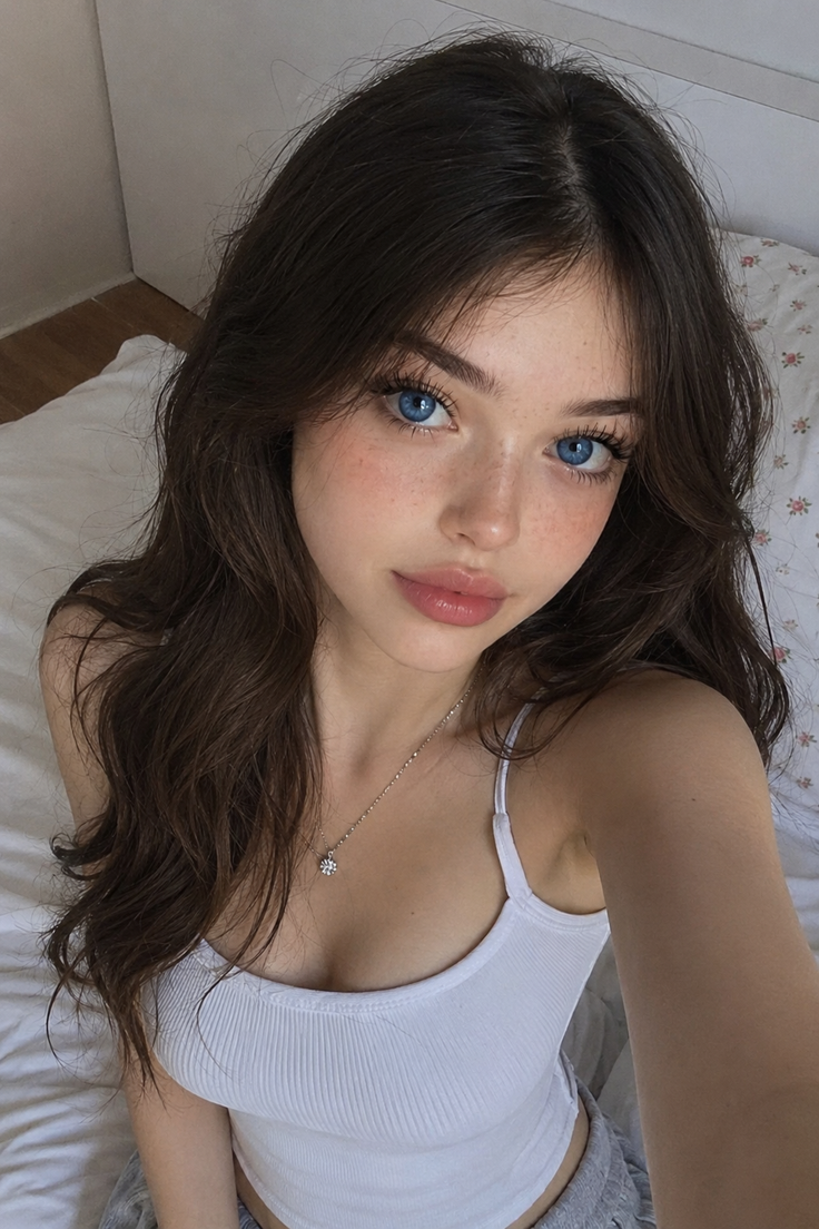 Woman with blue eyes and long brown hair wearing a white tank top indoors