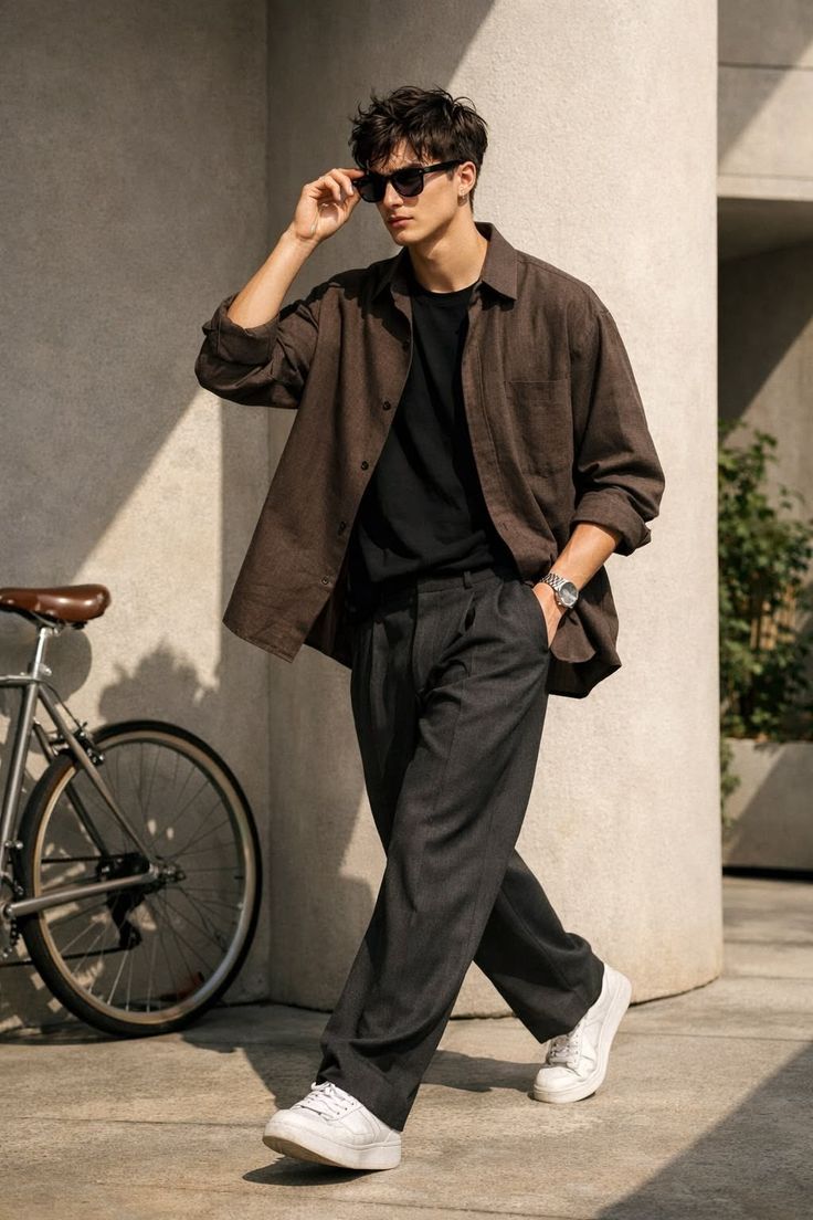 Man in sunglasses, brown shirt, and dark pants walking outdoors next to a bicycle