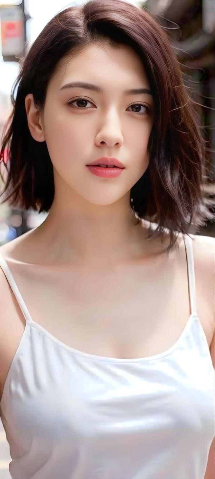 Woman with short dark hair wearing a white top, captured in a portrait shot