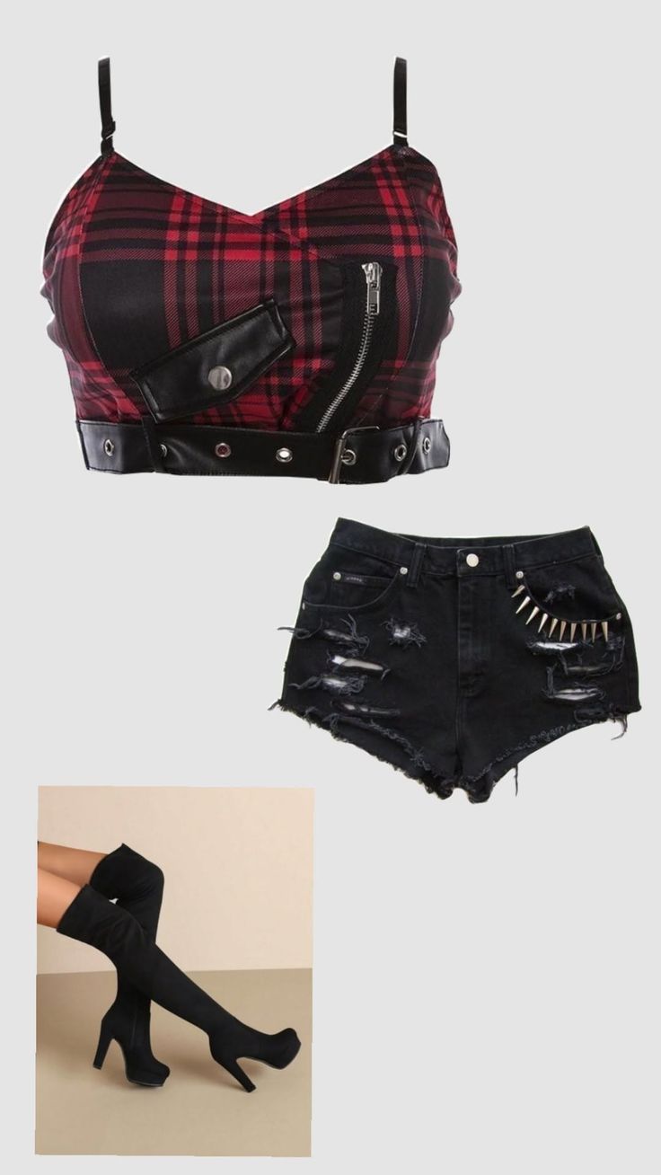 Plaid crop top with ripped shorts and thigh-high boots