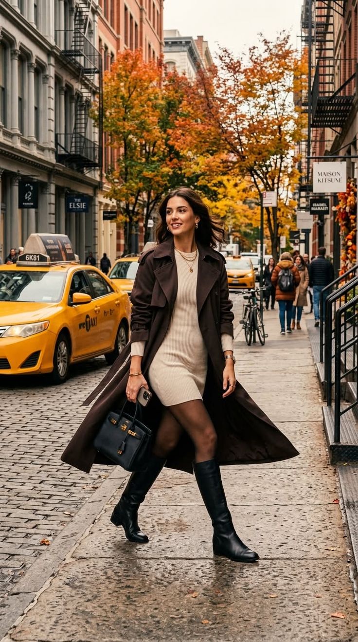 Woman in a long coat and mini dress walking on a city street with autumn leaves