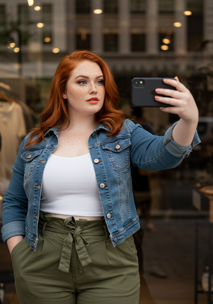 Woman with red hair and freckles taking a selfie outdoors