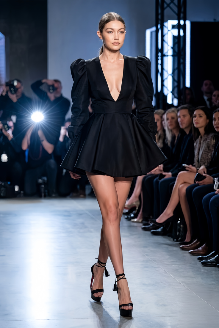 Model in a black dress with puffy sleeves and high heels on a runway