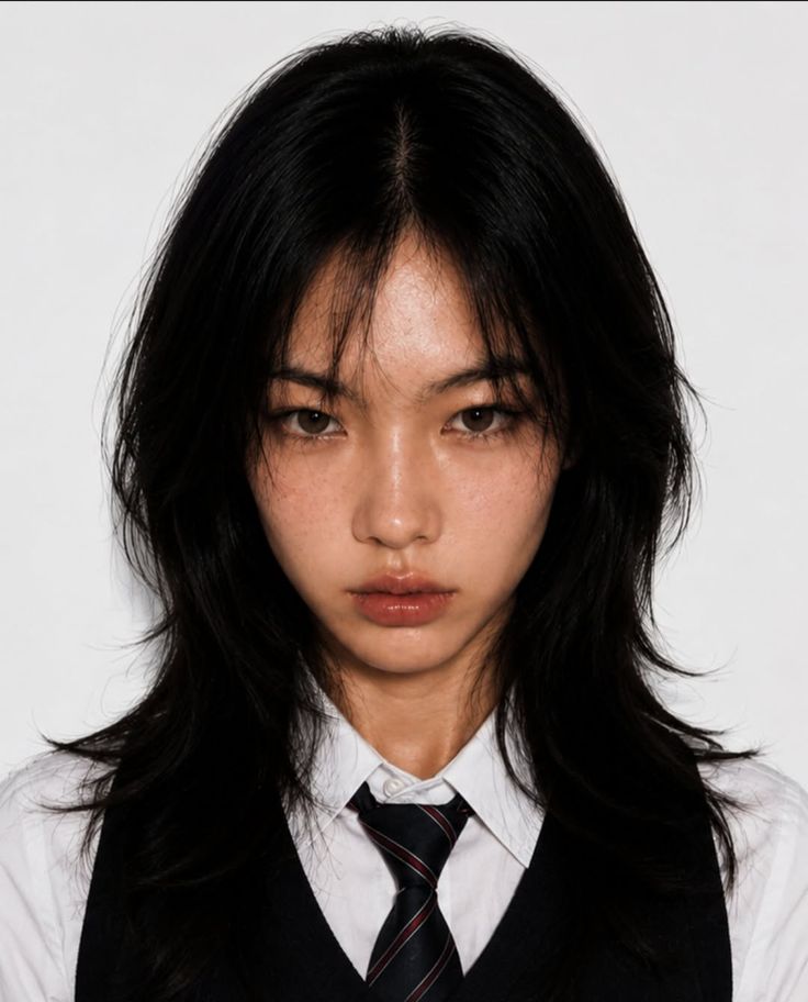 Person with black hair wearing a school uniform with a white shirt and striped tie