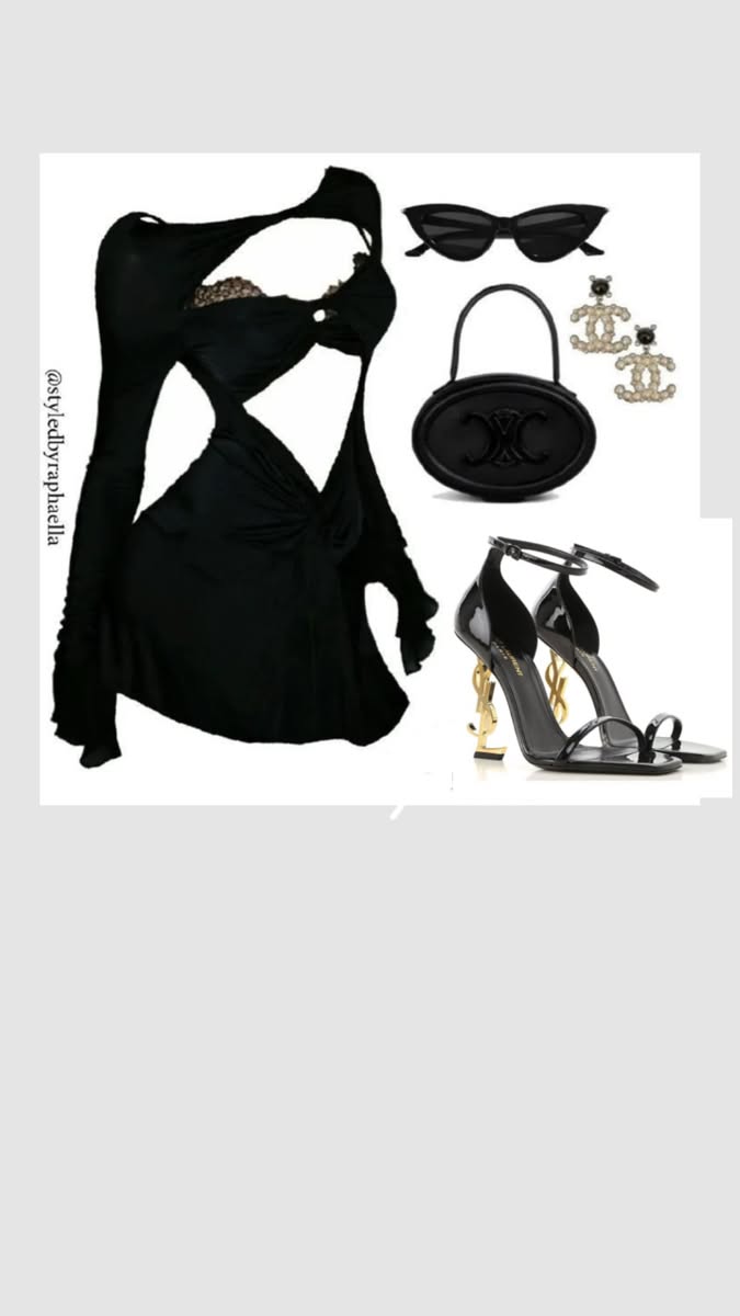 Black cut-out dress with matching accessories and high heels