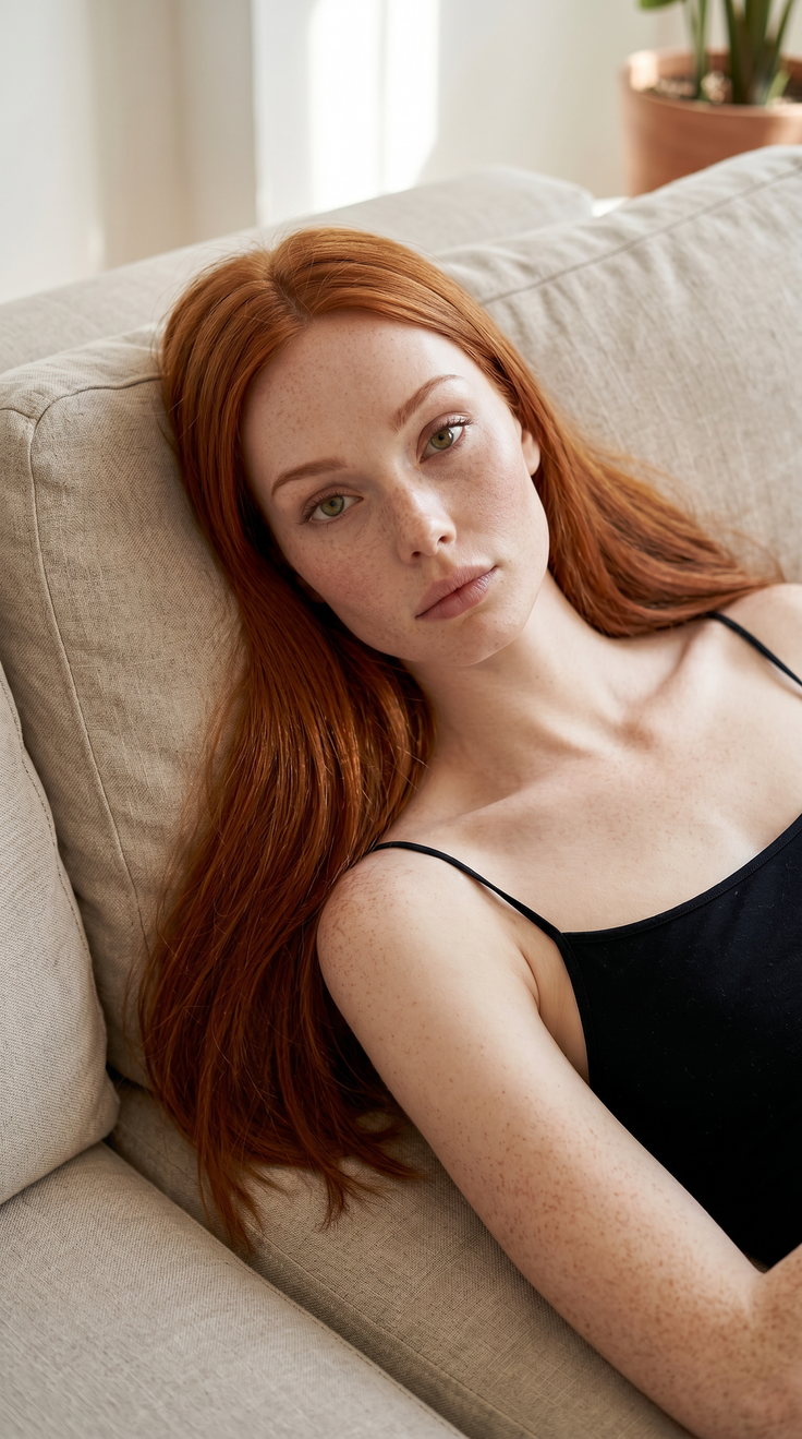 Woman with red hair and freckles lying on a sofa indoors