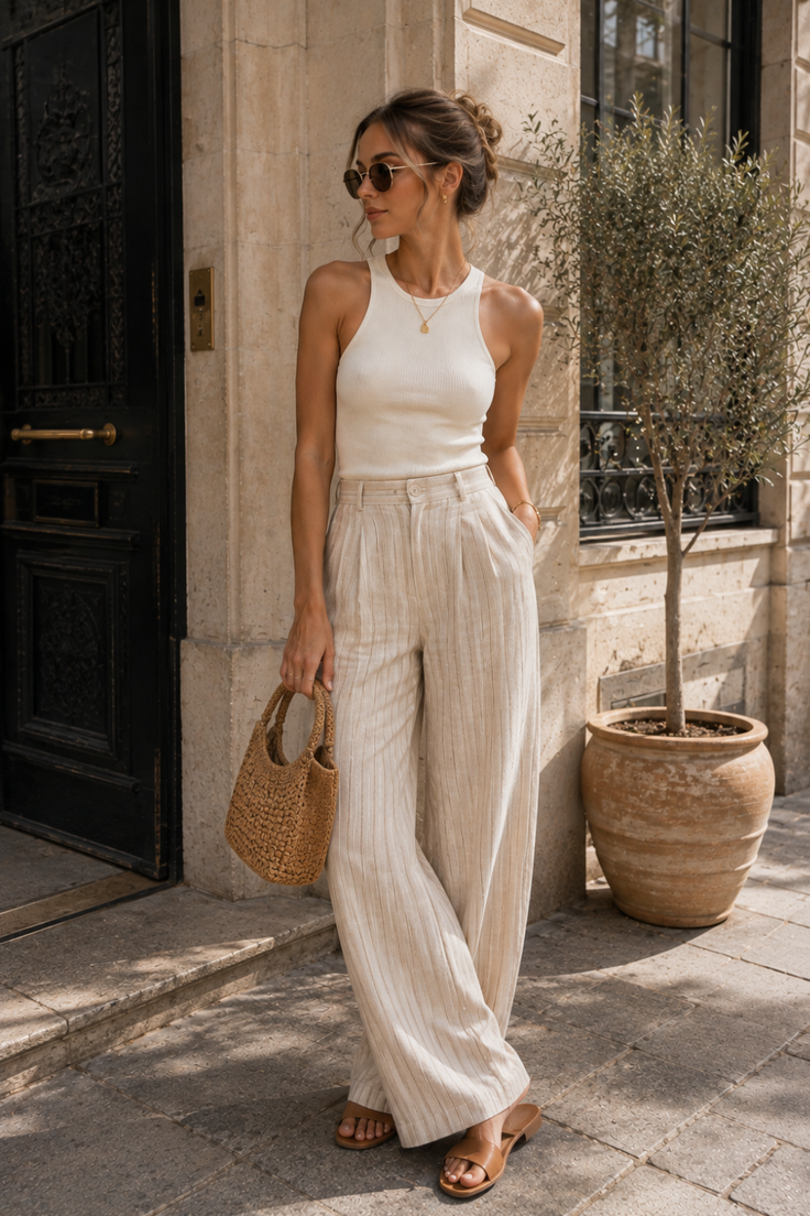 Woman in wide leg pants and a sleeveless top holding a straw bag outdoors