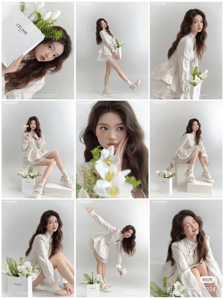 Woman with long hair in a white dress posing with white flowers in a studio