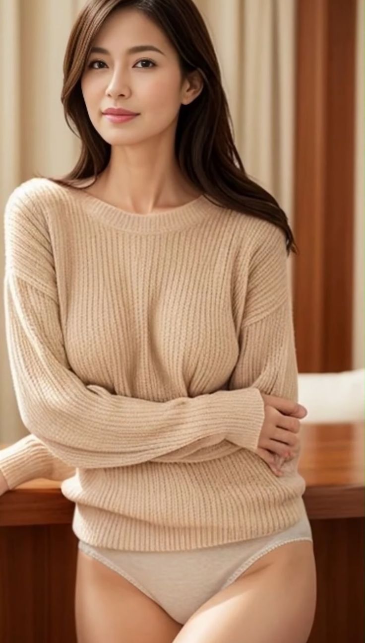 Woman in a beige sweater and underwear posing indoors