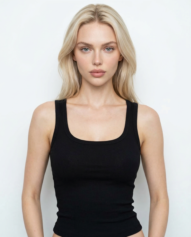 Blonde woman in a black tank top against a white background