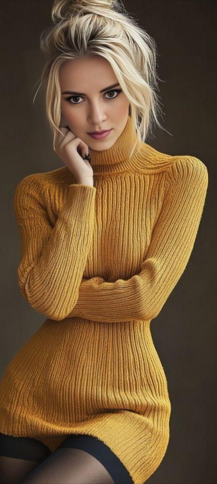 Blonde woman in a yellow turtleneck sweater with a messy bun
