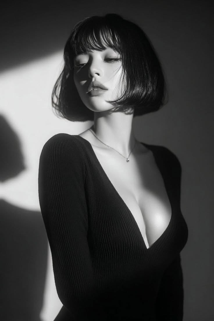 Woman with short hair and a deep V-neck top in dramatic black and white lighting