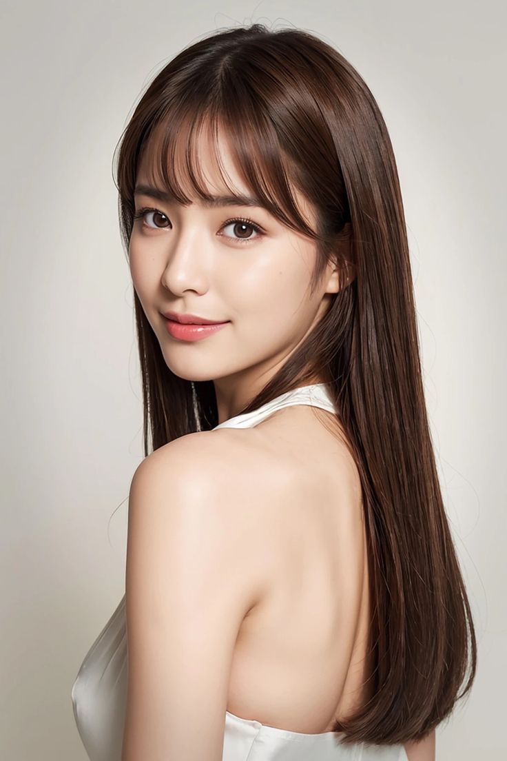 Woman with long brown hair and bangs wearing a white top, looking over her shoulder