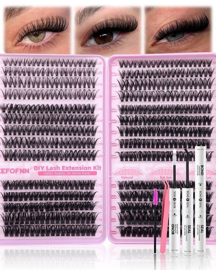 False eyelashes and an eyelash extension kit with three close-up eyes
