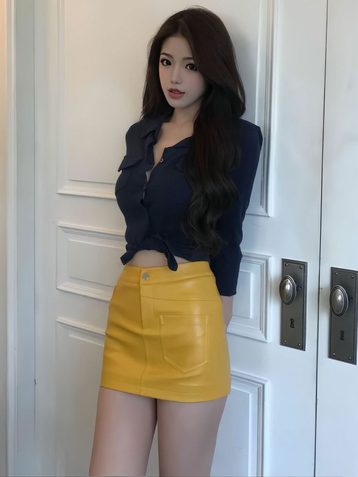 Woman with long dark hair wearing a yellow skirt and navy tied shirt indoors