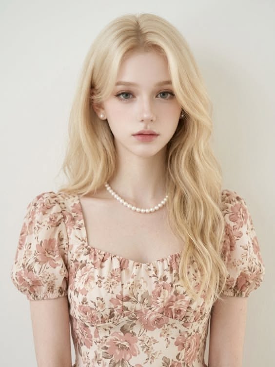 Woman with blonde hair wearing a floral dress and pearl necklace