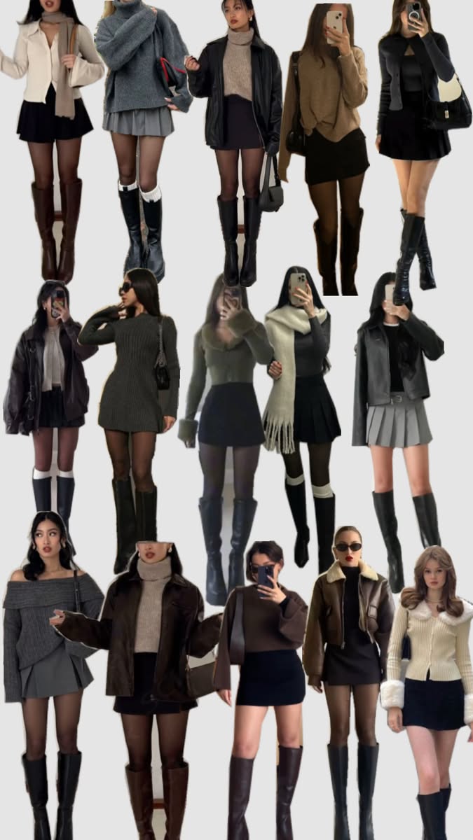 Multiple women showcasing various winter fashion outfits with mini skirts and boots