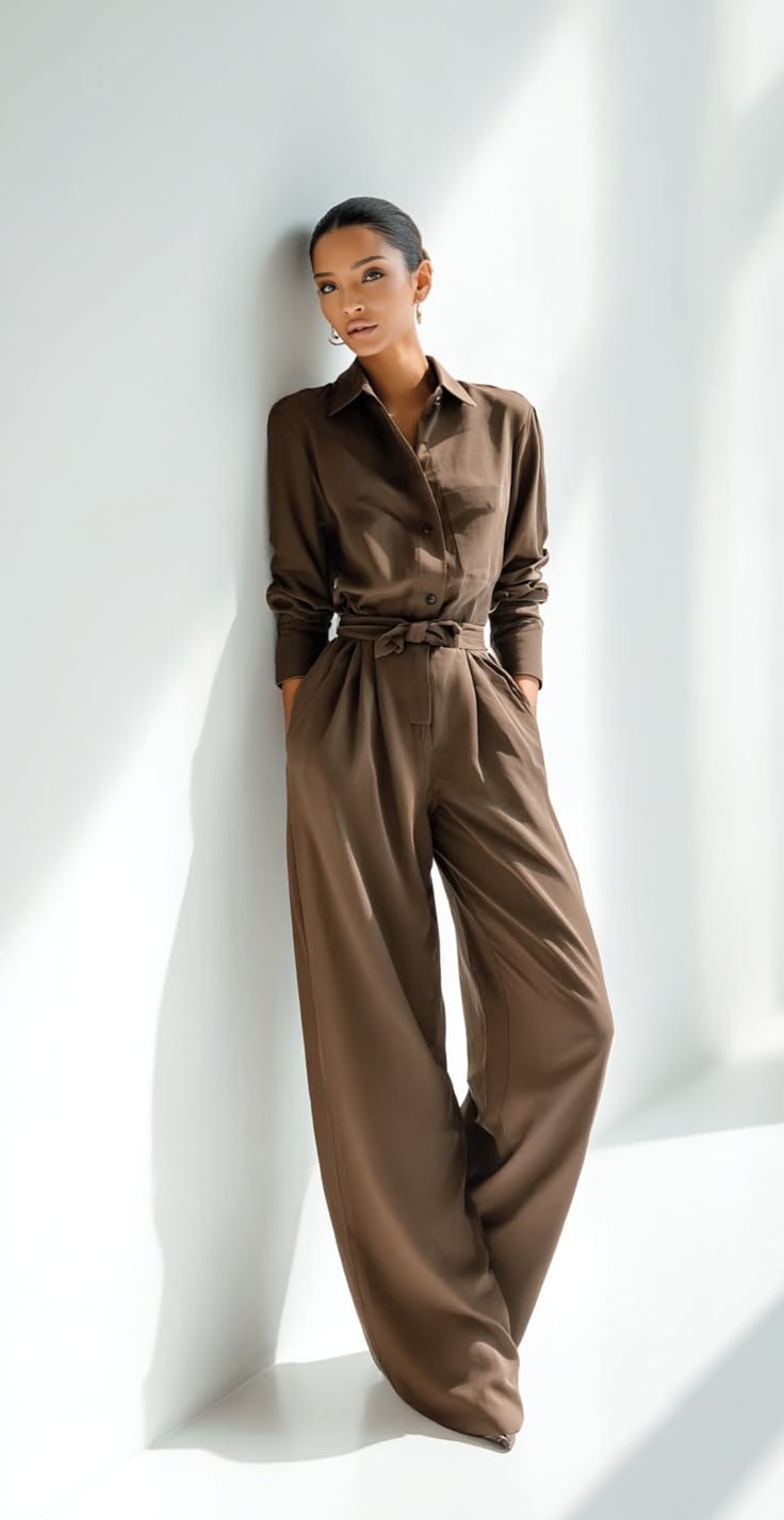 Woman in a brown jumpsuit leaning against a white wall with soft lighting