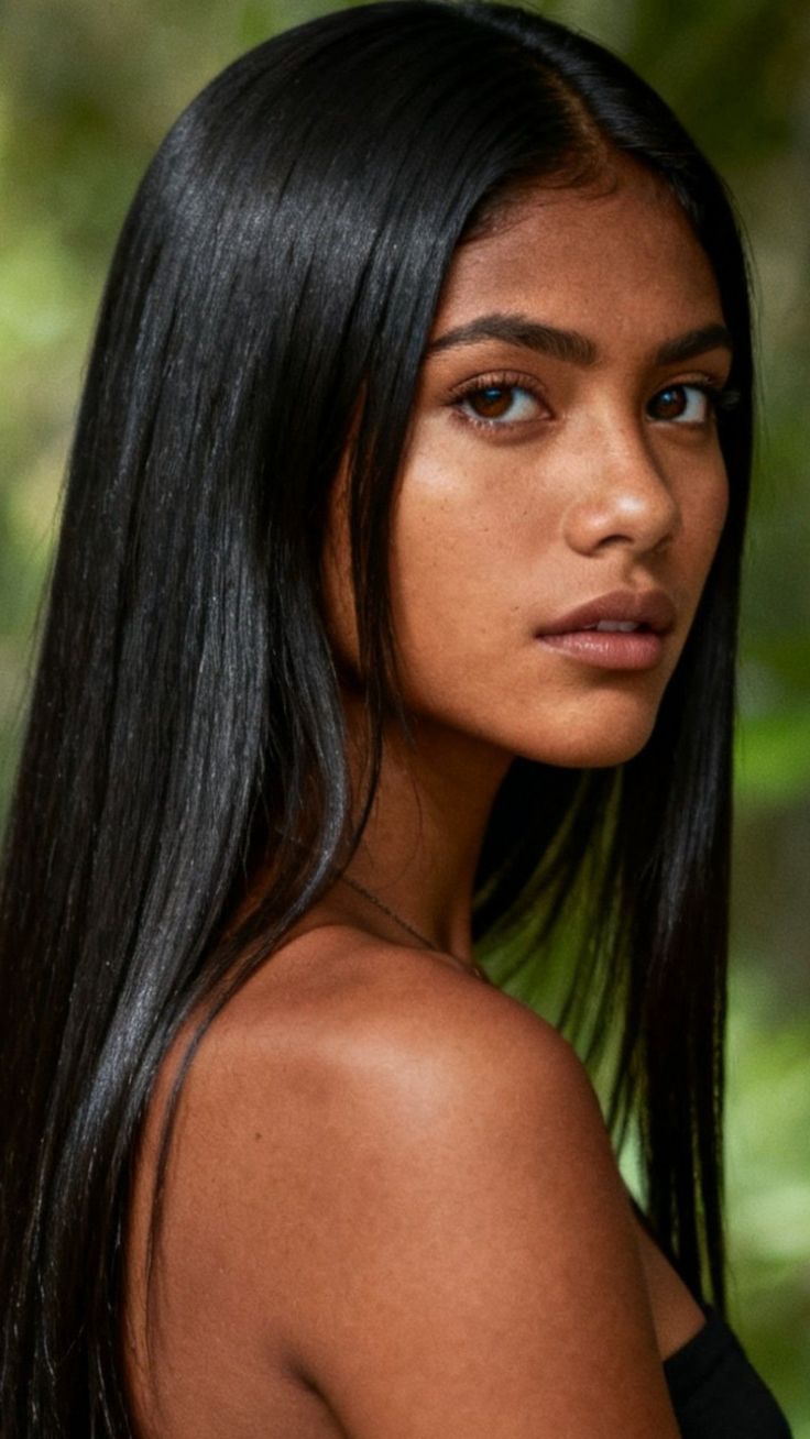 Woman with long black hair looking over her shoulder outdoors